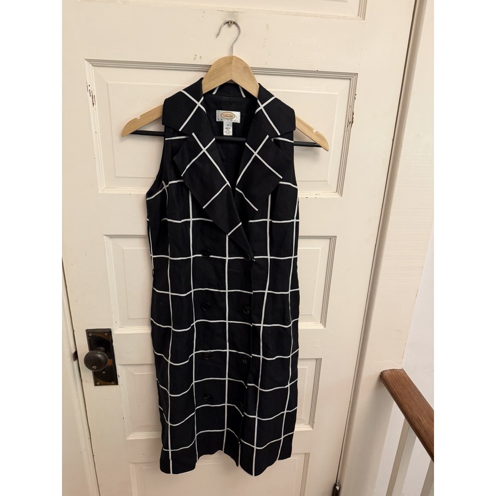 Talbots Vintage Black White Plaid Double Breasted Shift Dress Linen Blend Sz 4P